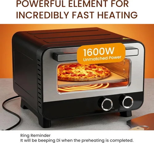 Vista 5 de Simple Deluxe Horno eléctrico para pizza de interior de 1600 W, 6 modos de cocción para pizza de 12 pulgadas, calentamiento rápido con control
