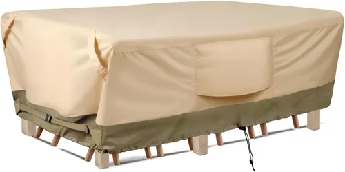 Vista 19 de COSFLY Funda Impermeable de Servicio Pesado para Muebles de Patio para Conjunto de Mesa y Sillas de Exterior - Se Adapta a 108L x 82A pulgadas, Tela