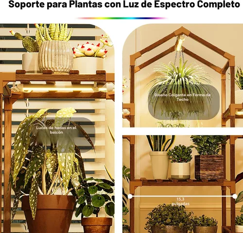 Vista 3 de Bamworld - Soporte para plantas de interior con luces de crecimiento, estante de madera para macetas colgantes, soporte de flores para decoración