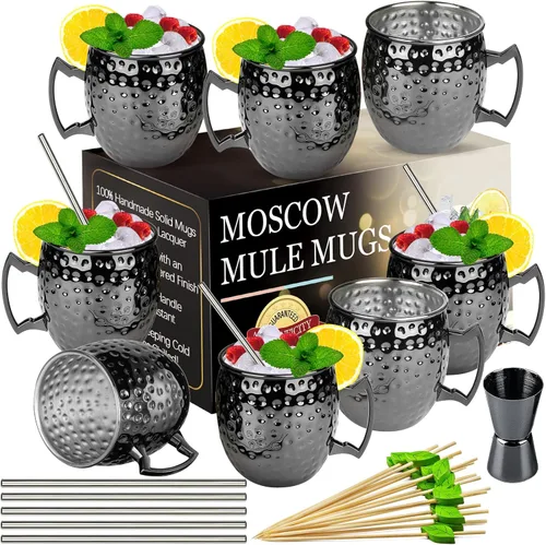 Vista 10 de LINALL Moscow Mule - Juego de 6 tazas de acero inoxidable de 18 onzas chapadas en color negro plomizo (6 unidades)