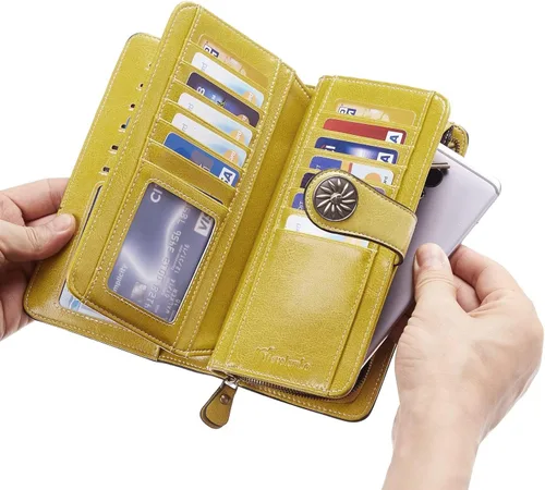 Vista 2 de Travelambo Cartera de mujer con bloqueo RFID para tarjetas de crédito, cartera de cuero de gran capacidad