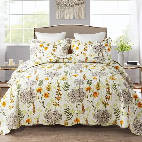 Vista 26 de NEWLAKE - Juego de cubrecama reversible de microfibra bordada con patrón floral en relieve en jacquard beige, tamaño queen
