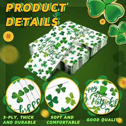 Vista 3 de 100 servilletas de papel desechables de 3 capas para el día de San Patricio, para el hogar, cena, baño, cocina, fiesta, suministros