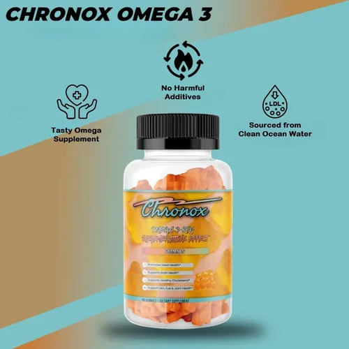 Vista 5 de Chronox Gomitas de aceite de pescado Omega 3 con sabor a naranja para adultos, delicioso suplemento de Omega 3 masticable con aceite de pescado
