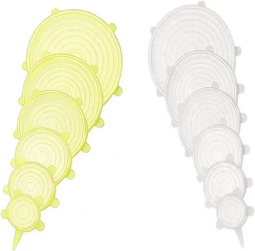 Vista 17 de Juego de 12 tapas elásticas de silicona, 6 tamaños, fundas reutilizables para almacenamiento de alimentos, cubiertas de silicona para tazones