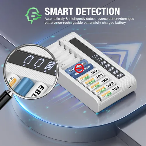 Vista 5 de EBL Cargador de batería AA AAA de 12 bahías, cargador LCD independiente para baterías recargables Ni-MH Ni-CD con función de descarga