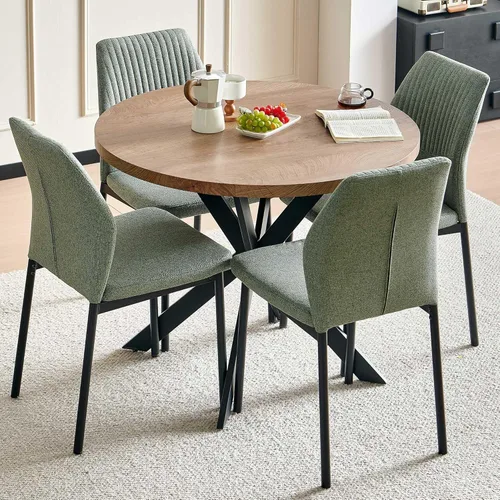 Vista 19 de Juego de mesa de comedor para 4, mesa de cocina redonda de madera de 47 pulgadas con sillas de piel sintética para cocina y espacios pequeños