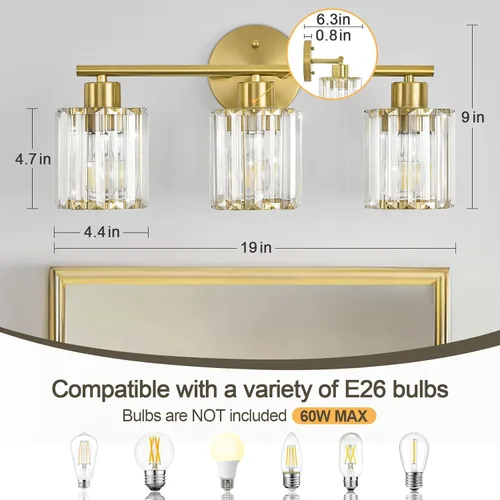 Vista 2 de Lámparas de baño de cristal, accesorios de iluminación de baño sobre el espejo, modernas luces doradas de 3 luces para espejo, baño, cocina