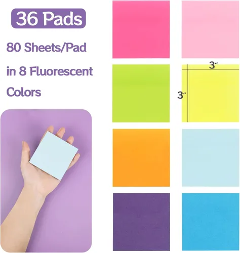 Vista 2 de HappyHapi 36 blocs de notas adhesivas de 3 x 3 pulgadas, 80 hojas/bloc, 8 blocs de notas autoadhesivas de colores brillantes, notas adhesivas