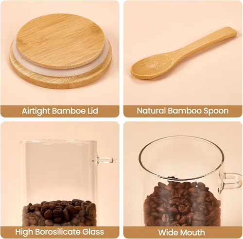 Vista 8 de Paquete de 4 recipientes de avena nocturna con tapas y cucharas de bambú - Tarros de vidrio herméticos de 22 onzas con tapa, tarros de preparación