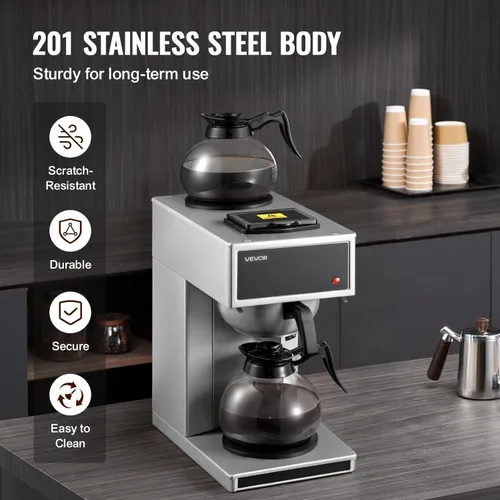 Vista 5 de VEVOR Cafetera comercial de goteo, cafetera de 12 tazas con 2 jarras de vidrio y 2 platos calentadores de decantador, cafetera de acero inoxidable