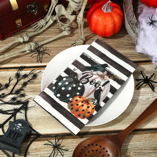 Vista 3 de AnyDesign - Servilleta de papel desechable de 3 capas para invitados de Halloween, toalla de mano con rayas de calabaza y cuervo, servilletas