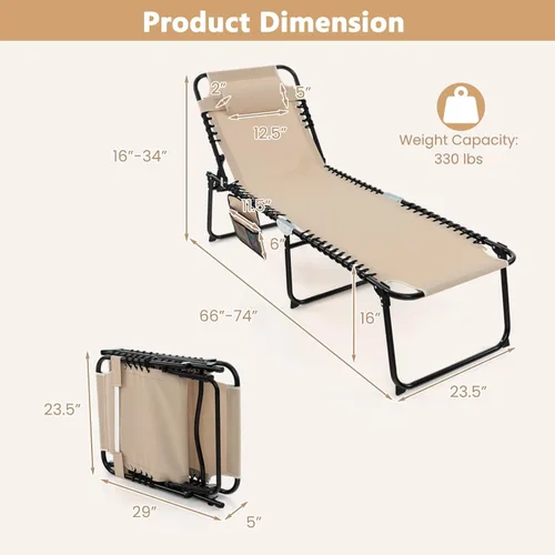 Vista 3 de Giantex Sillas de patio para exteriores, silla de bronceado plegable con reposacabezas, 4 posiciones ajustables, bolsillo lateral, tumbona al aire