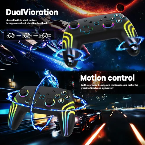 Vista 6 de MYSTILUCK Wireless Pro Controller for Switch/Switch 2/Lite/OLED/PC, Gamepad with 7 Color-Changing RGB Lighting/Dual Vibration/6-Axis