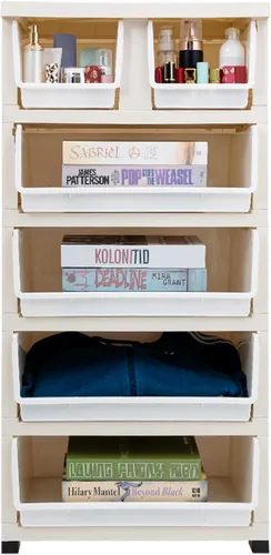 Vista 9 de Cómoda de plástico con 6 cajones con llaves, organizador de ropa para dormitorio, armario de almacenamiento de 5 capas con ruedas