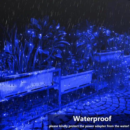 Vista 4 de Joomer - Luces navideñas de red, de 12 x 5 pies, 360 ledes, conectables e impermeables, con 8 modos y temporizador, para exterior, Navidad, Azul