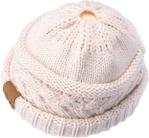 Vista 3 de Rosoz Gorro de cola de caballo para mujer, gorro cálido de invierno, suave, elástico, de punto trenzado, para moño alto