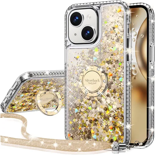 Vista 26 de Silverback Funda para iPhone 15, funda con purpurina holográfica líquida en movimiento con soporte, para niñas y mujeres, funda protectora