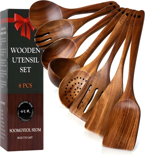 Vista 10 de Juego de utensilios de madera de teca 100% natural, 6 cucharas de cocina duraderas para cocinar, antiadherentes y resistentes al calor, ecológico