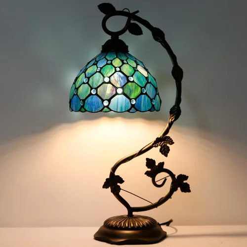 Vista 4 de Tiffany Lamp Stained Glass Table Lamp Metal Leaf Desk Reading Light 8X10X21 Inch Decor Small Space Bedroom Home Office (Sea Blue Pearl)