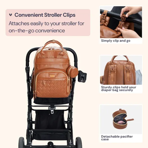 Vista 7 de BabbleRoo - Mochila de cuero para pañales, bolso de viaje para bebé con artículos esenciales, multifuncional, resistente al agua, con almohadilla