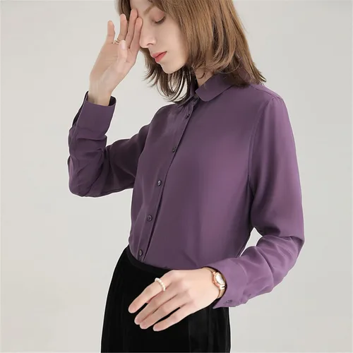 Vista 5 de Camisa de manga larga 100 seda real para mujer cuello abatible blusa morada Morado XL