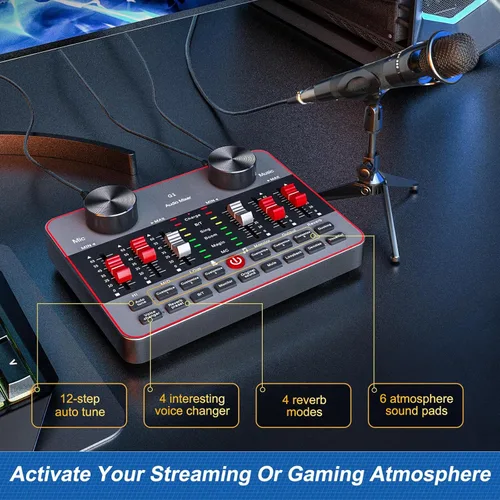 Vista 2 de Conjunto de equipo de podcast para 2 micrófonos, kit de creador de contenido de video de Tiktok, interfaz de audio, mezclador DJ, tarjeta