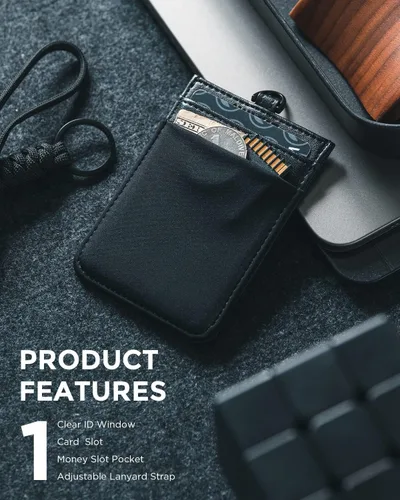 Vista 2 de VULKIT Soporte para tarjetas de identificación con cordón para mujeres y hombres, soporte vertical de cuero con ranura transparente para tarjetas