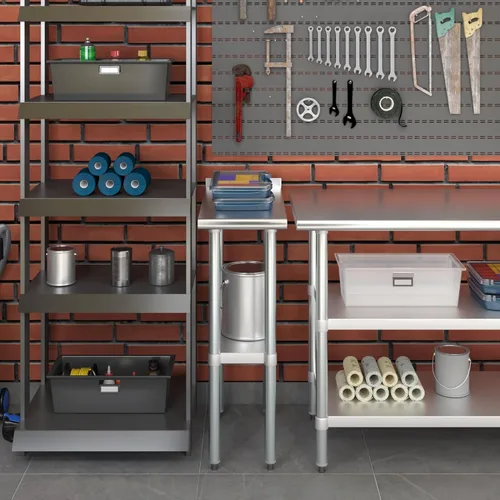 Vista 8 de AmGood Mesa de trabajo de acero inoxidable con protector contra salpicaduras de 1.5 pulgadas Mesa de preparación de alimentos de cocina de metal