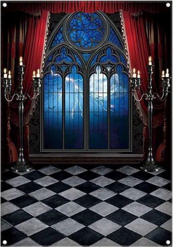 Telón de fondo gótico de castillo medieval de vampiro de 5 x 7 pies, ventana de Halloween, luna, murciélagos, fotografía, fondo, decoración de