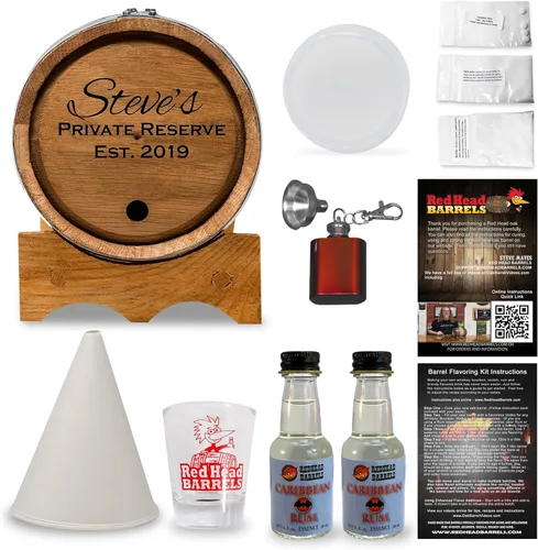 Red Head Barrels - Barril de envejecimiento de roble blanco americano grabado personalizado de 2 litros con juego de regalo saborizante, vaso de