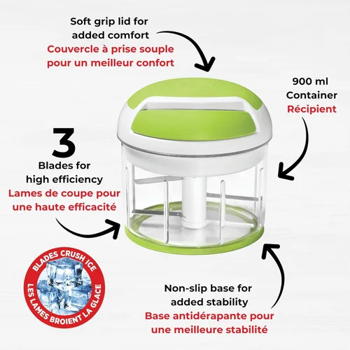 Vista 5 de Starfrit Pull Chopper - Procesador de alimentos manual multiusos - Sistema de tres cuchillas para un corte más rápido - De trozos grandes a puré