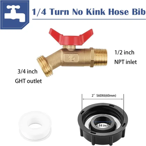 Vista 4 de Adaptador de tanque IBC de 275-330 galones, rosca de núcleo de 2 pulgadas con válvula de espiga de latón sin plomo