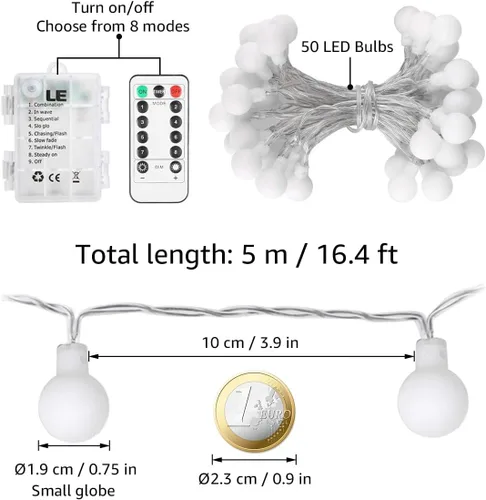 Vista 6 de Lighting EVER Guirnalda de luces con forma de globo, funciona con pilas, 16.4 pies, 50 luces LED de bola pequeña decorativa con control remoto