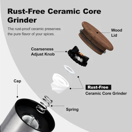 Vista 5 de Aelga Pepper Mill - 4oz Stainless Steel Pepper Grinder Manual with 5-Level Adjustable Coarseness, Wood Lid, Silicone Funnel