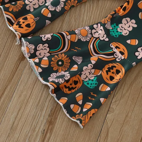 Vista 3 de Conjunto de sudadera de manga larga con estampado de calabaza para bebé niña, pantalones acampanados, ropa de otoño para bebé