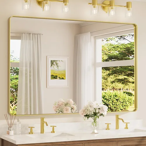Vista 91 de TETOTE Espejo de marco dorado cepillado de 16 x 24 pulgadas, espejo de tocador de baño de latón dorado para pared, espejo enmarcado rectangular