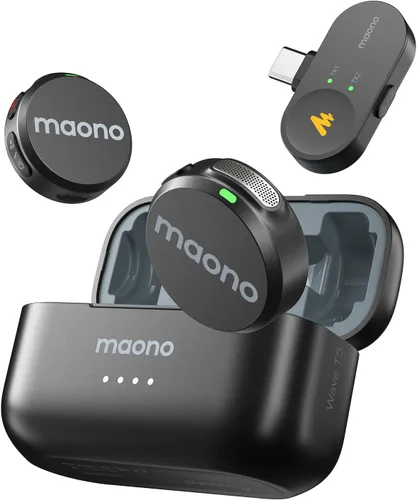 Vista 9 de MAONO Micrófono Lavalier inalámbrico para cámara/PC/portátil/teléfonos, mini micrófono de solapa con 48 khz 24 bits, rango de 1000 pies, cancelación