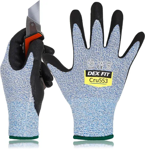 Vista 23 de DEX FIT Guantes resistentes a cortes nivel 5 Cru553, ajuste elástico cómodo 3D, agarre potente, grado profesional, delgados, compatibles