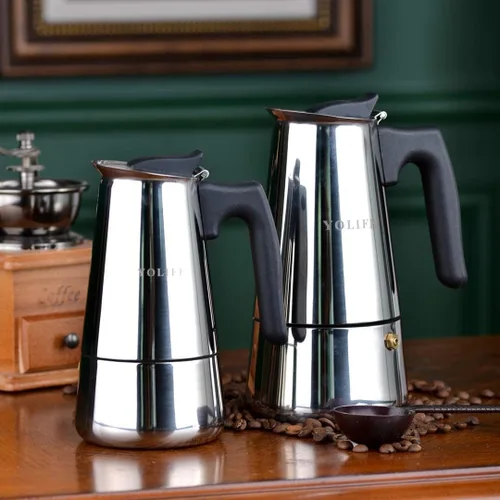 Vista 7 de YOLIFE Mini cafetera de café expreso, olla pequeña de inducción para café italiano, capuchino y café con leche, acero inoxidable, 4 tazas