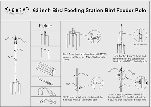 Vista 4 de Highpro - Estación de alimentación de aves – Soporte de múltiples ganchos de 63 pulgadas para observar atraer aves silvestres al aire libre, poste