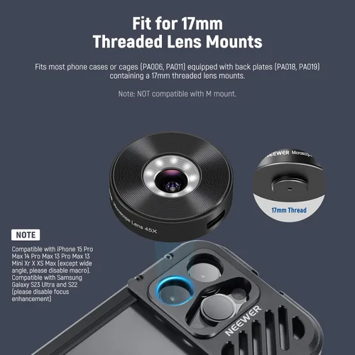 Vista 5 de NEEWER Lente gran angular HD de 18mm 100° para placa posterior de lente con rosca de 17mm, aumento de 0.5X Compatible con SmallRig NEEWER iPhone