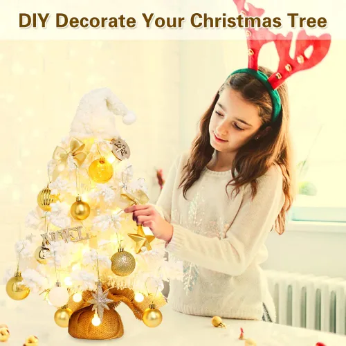 Vista 4 de Mini árbol de Navidad, pequeño árbol de Navidad blanco con luces y música preiluminado, árbol de Navidad artificial de mesa, decoración de Navidad