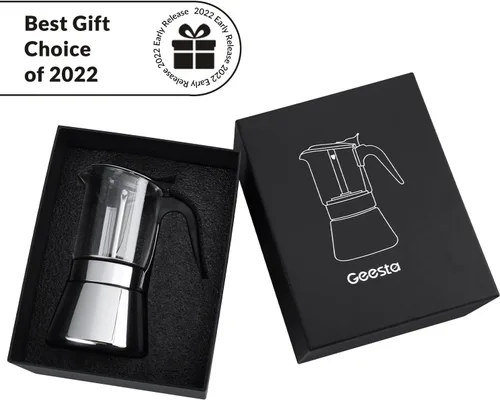Vista 2 de Geesta Premium Olla de espresso para estufa con tapa de cristal - 4/6/9 tazas - Cafetera de acero inoxidable - 160ml/5.6oz/4 tazas