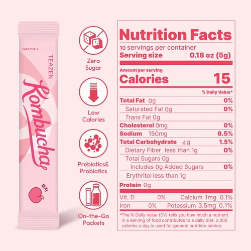 Vista 2 de TEAZEN Té de melocotón kombucha, mezcla de bebida hidratante, sin azúcar, probióticos vivos y prebióticos, 10 palitos, 1.76 onzas