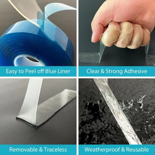 Vista 3 de Cinta adhesiva de doble cara resistente, cinta adhesiva nano transparente de 1-1/8 pulgadas x 20 pies, tiras para colgar imágenes de dos caras