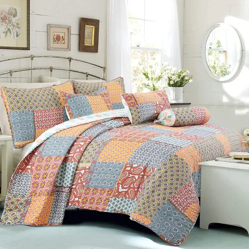 Vista 11 de Cozy Line Home Fashions Moorea - Juego de ropa de cama reversible de microfibra con retazos, gris, amarillo, coral, azul aguamarina, colcha