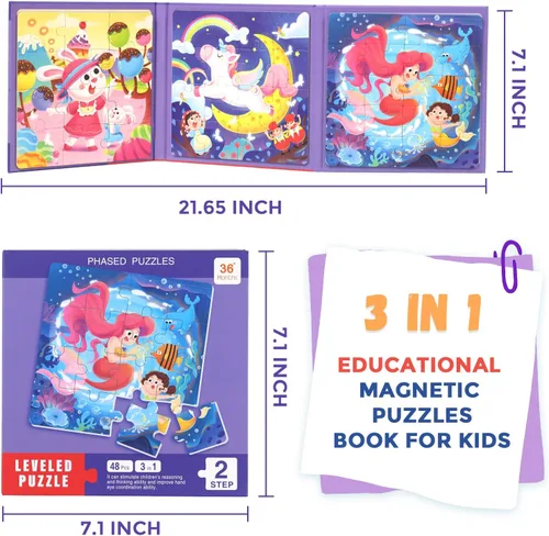 Vista 4 de Rompecabezas magnéticos para niños de 1 a 3 años, rompecabezas con imán de sirena de dibujos animados 3 en 1, rompecabezas de viaje para niños