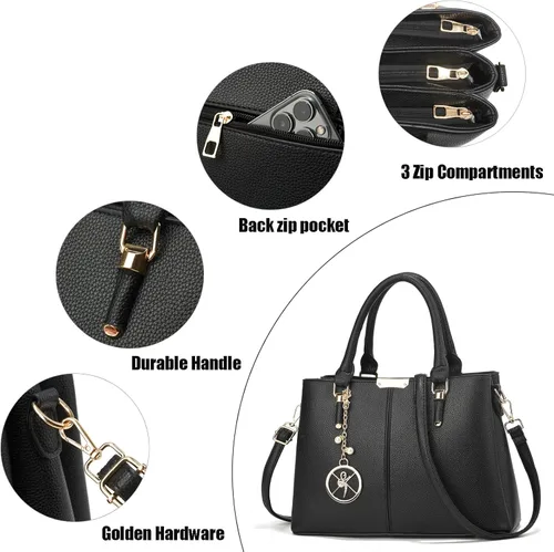 Vista 6 de Bolso y bolsos de mano para mujer, 3 compartimentos con cremallera, bolso de mano de diseñador con asa superior
