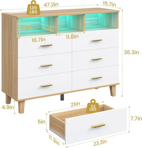 Vista 2 de knoworld Cómoda para dormitorio, cómoda blanca de 6 cajones con luz LED y toma de corriente, cómodas altas y anchas, cajones de almacenamiento